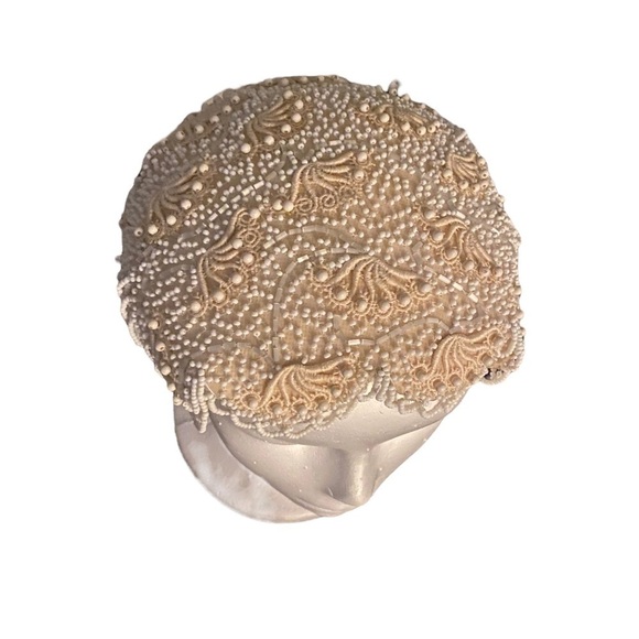 Vintage 1950s Elegant Ivory and White Beaded Lace Hat-  A Betty Jane Original